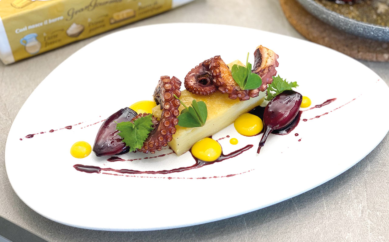 Polpo alla mediterranea e millefoglie di patate